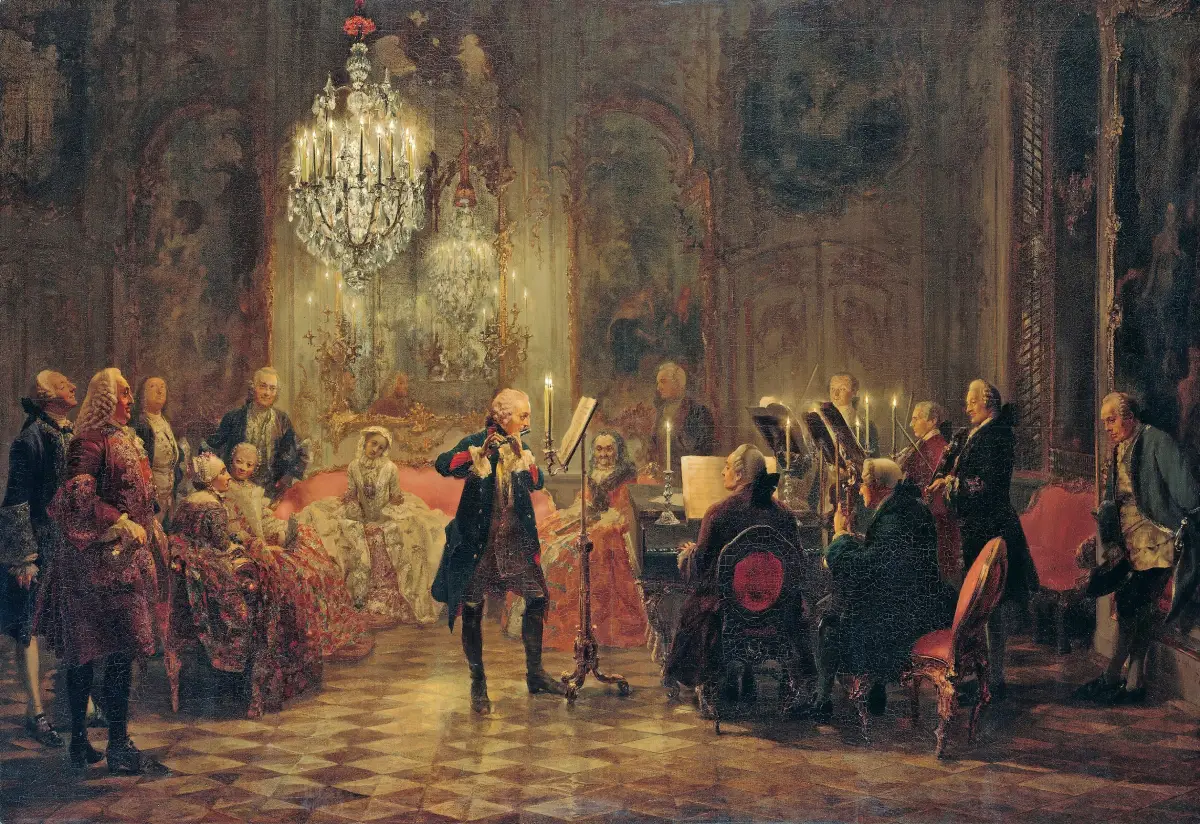 Obraz Adolpha von Menzla przedstawiający koncert na flecie króla Fryderyka II.